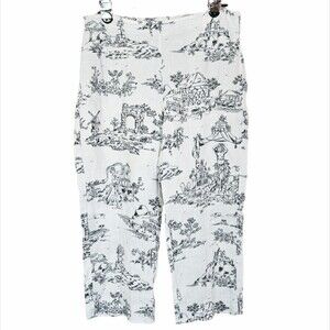 Aegean Toile Scenic Print Cropped Linen Pants Women's XS Breathable Quiet Luxury
